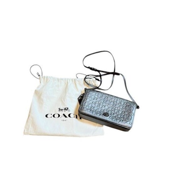 Coach 1941 Metallic Gray Leather Signature Embossed Dinky - Gunmetal - Graphite - Picture 1 of 11
